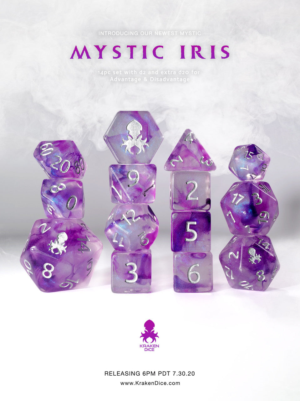 Mystic Iris 14pc Polyhedral Dice set with Silver Ink